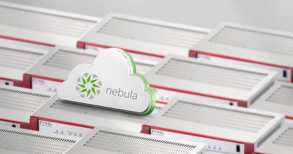 A prominent cloud logo labeled 'nebula' in the foreground, surrounded by multiple network devices branded 'Zyxel' in the background.
