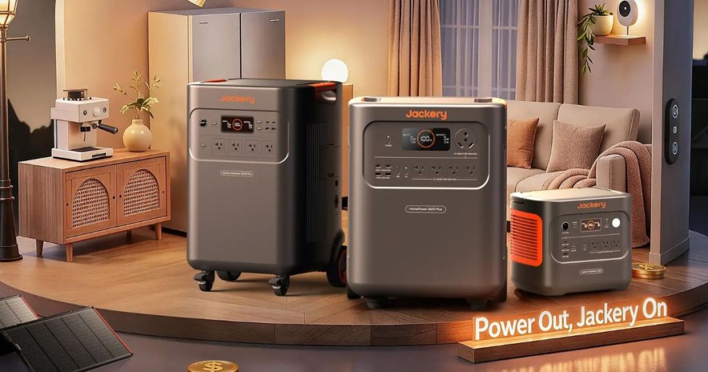 A cozy living room setting featuring three portable power stations by Jackery, showcasing their features. An espresso machine and decorative plants are also present in the background.
