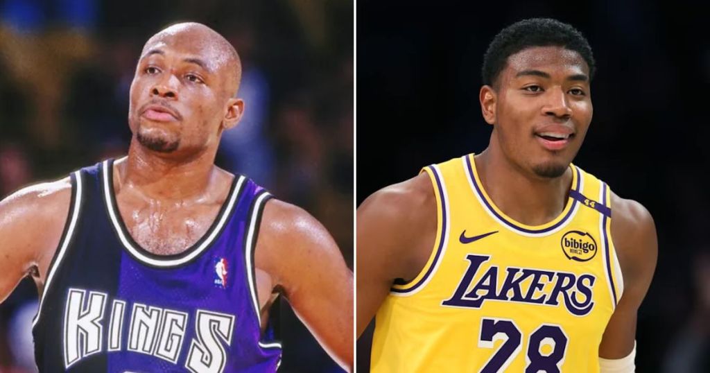 A split image featuring two basketball players. On the left, a player in a black Sacramento Kings jersey, looking serious and sweaty. On the right, a player in a yellow Los Angeles Lakers jersey, smiling and looking towards the camera.