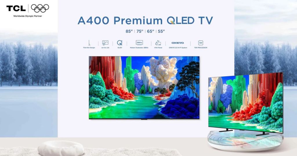 A display showcasing TCL A400 Premium QLED TV models in various sizes with colorful landscapes on the screens, emphasizing features like flat-screen design and advanced technology.