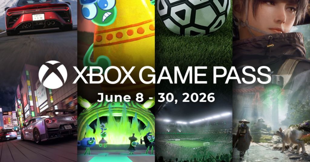 Collage promoting Xbox Game Pass with various images of cars, a cartoon character, a soccer ball, and gaming scenes, featuring the text 'Xbox Game Pass June 8 - 30, 2026'.