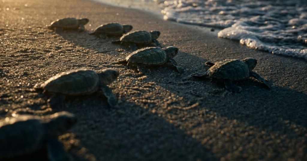 A group of baby sea turtles making their way across a sandy beach towards the ocean, with gentle waves in the background.