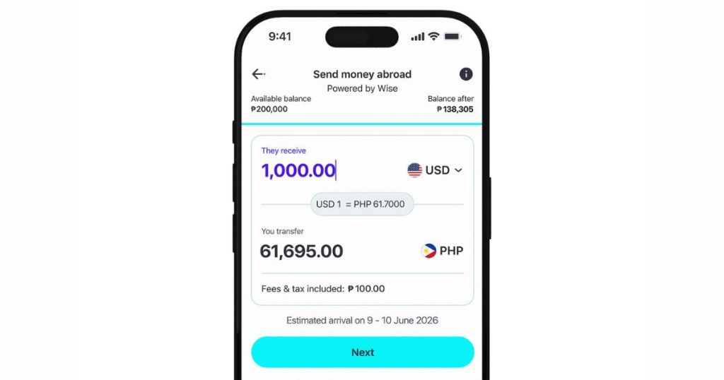Screenshot of a mobile app interface for sending money abroad, showing available balance, transfer amount, and currency exchange details.