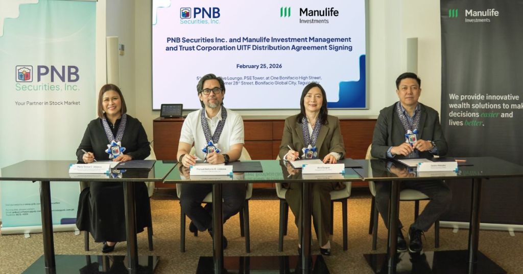 PNB Securities and Manulife Investment Management officials signing a UITF distribution agreement on February 5, 2026. The group is seated at a table in a corporate setting, with branding from both companies displayed in the background.
