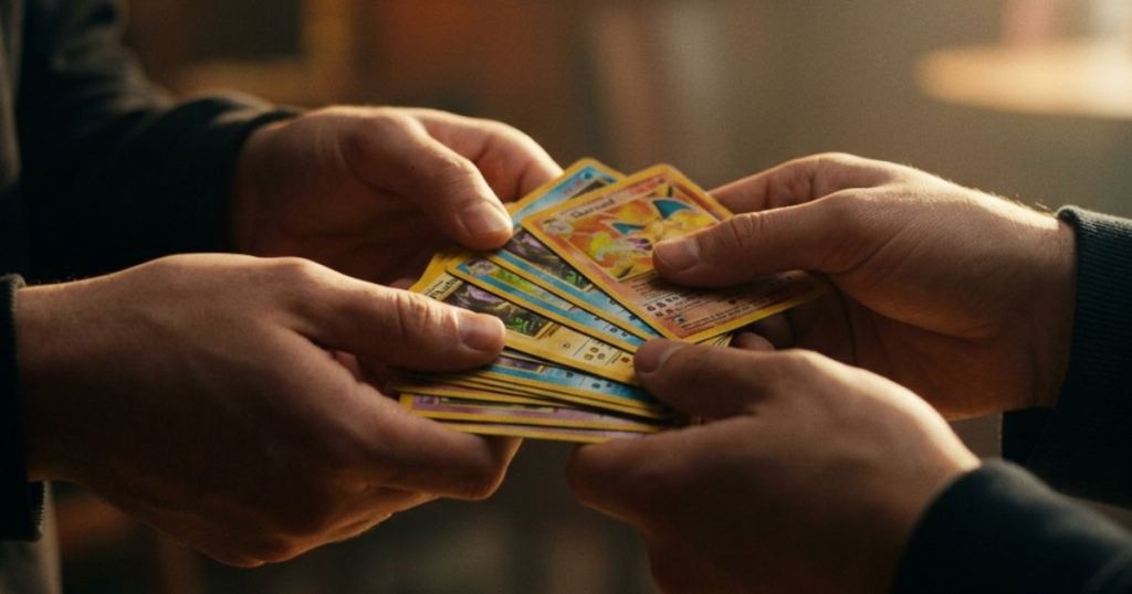 Two hands exchanging a collection of colorful trading cards, featuring various creatures and game elements.