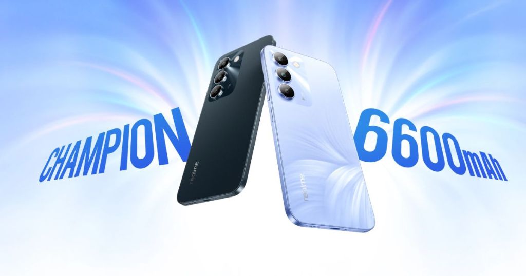 Two smartphones side by side against a light blue background, highlighting 'CHAMPION' and '6600mAh' in large text. One smartphone is black and the other is light blue, both showcasing their back designs.