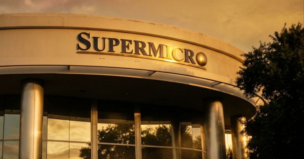 Close-up view of the Supermicro building entrance, featuring the company name illuminated against a sunset sky.