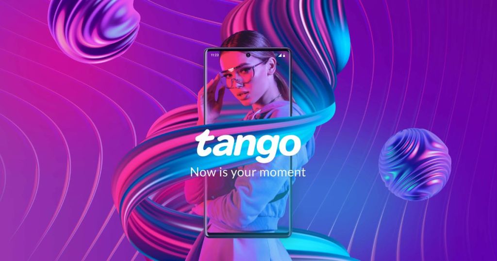 A vibrant advertisement featuring a young woman in sunglasses holding a smartphone, surrounded by colorful swirling graphics and the text 'tango Now is your moment'.