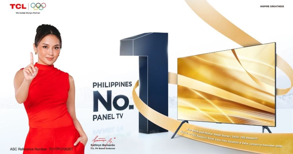 A woman in a red dress holding one finger up, promoting TCL as the No. 1 panel TV brand in the Philippines. A sleek TV is displayed next to her with a modern design in a bright, stylish setting.